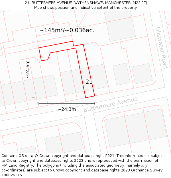 21, BUTTERMERE AVENUE, WYTHENSHAWE, MANCHESTER, M22 1TJ: Plot and title map