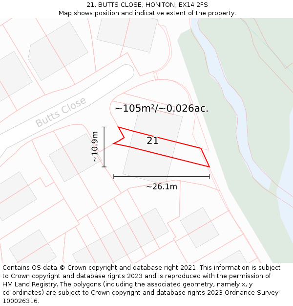 21, BUTTS CLOSE, HONITON, EX14 2FS: Plot and title map