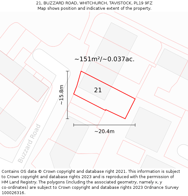 21, BUZZARD ROAD, WHITCHURCH, TAVISTOCK, PL19 9FZ: Plot and title map
