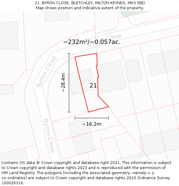 21, BYRON CLOSE, BLETCHLEY, MILTON KEYNES, MK3 5BD: Plot and title map