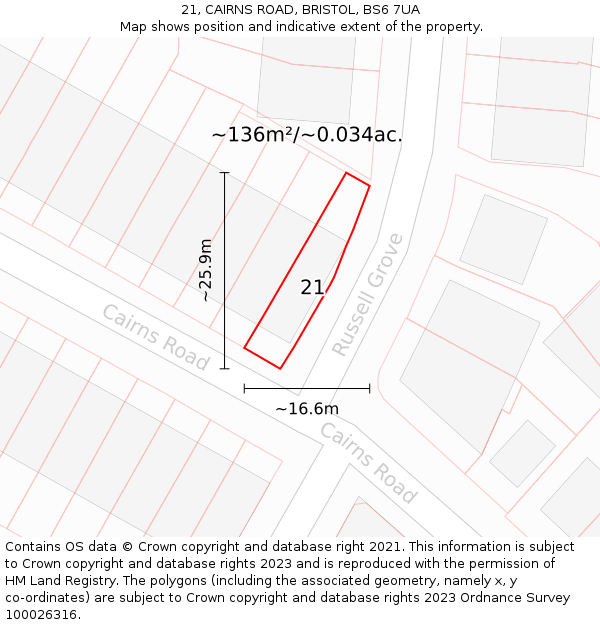 21, CAIRNS ROAD, BRISTOL, BS6 7UA: Plot and title map
