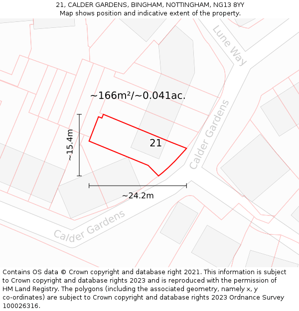21, CALDER GARDENS, BINGHAM, NOTTINGHAM, NG13 8YY: Plot and title map