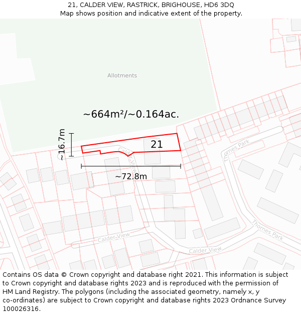 21, CALDER VIEW, RASTRICK, BRIGHOUSE, HD6 3DQ: Plot and title map