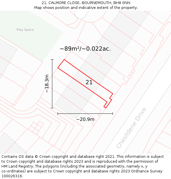 21, CALMORE CLOSE, BOURNEMOUTH, BH8 0NN: Plot and title map