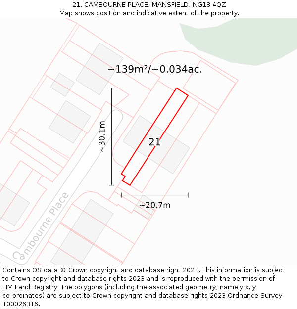 21, CAMBOURNE PLACE, MANSFIELD, NG18 4QZ: Plot and title map