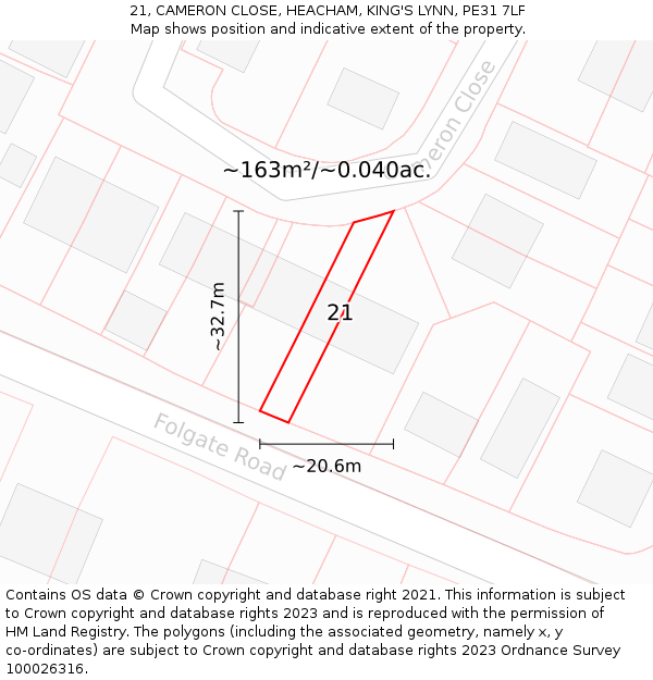21, CAMERON CLOSE, HEACHAM, KING'S LYNN, PE31 7LF: Plot and title map