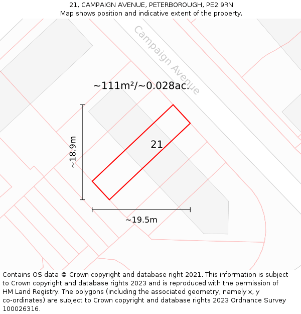 21, CAMPAIGN AVENUE, PETERBOROUGH, PE2 9RN: Plot and title map
