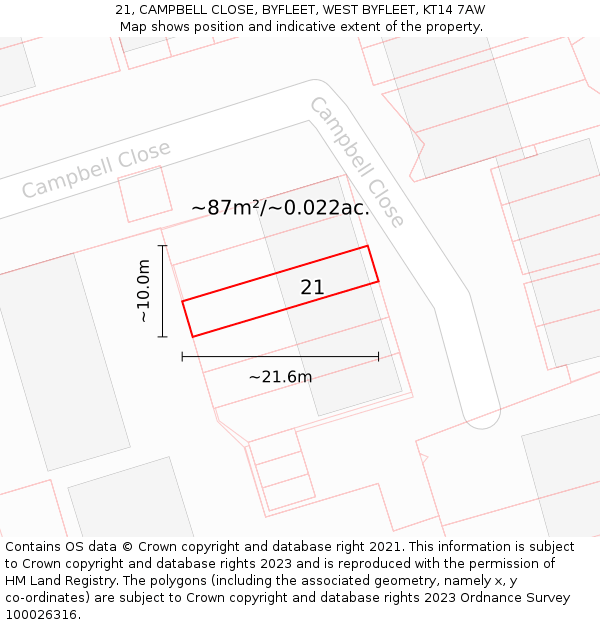 21, CAMPBELL CLOSE, BYFLEET, WEST BYFLEET, KT14 7AW: Plot and title map