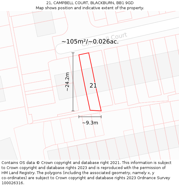 21, CAMPBELL COURT, BLACKBURN, BB1 9GD: Plot and title map