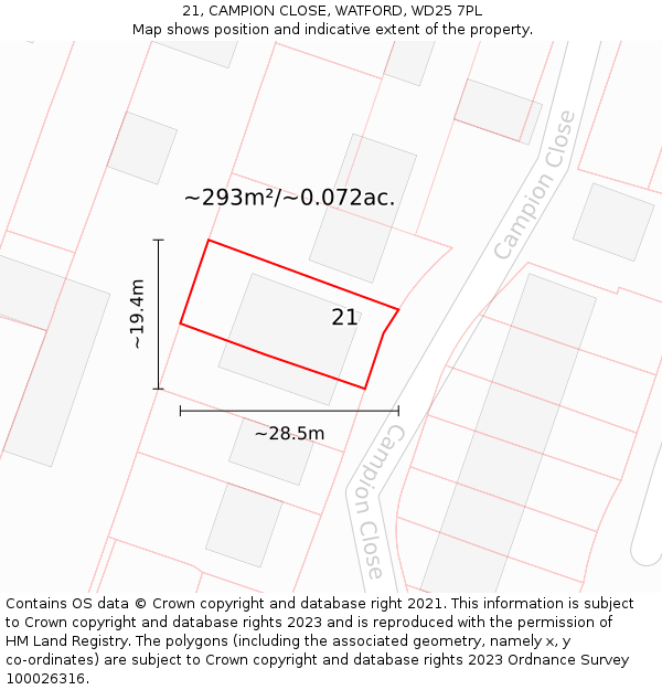 21, CAMPION CLOSE, WATFORD, WD25 7PL: Plot and title map