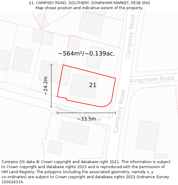 21, CAMPSEY ROAD, SOUTHERY, DOWNHAM MARKET, PE38 0NG: Plot and title map
