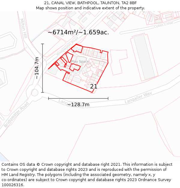 21, CANAL VIEW, BATHPOOL, TAUNTON, TA2 8BF: Plot and title map