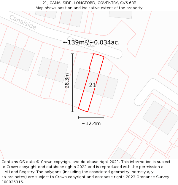 21, CANALSIDE, LONGFORD, COVENTRY, CV6 6RB: Plot and title map