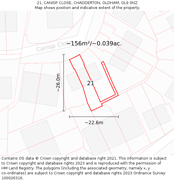 21, CANISP CLOSE, CHADDERTON, OLDHAM, OL9 0NZ: Plot and title map
