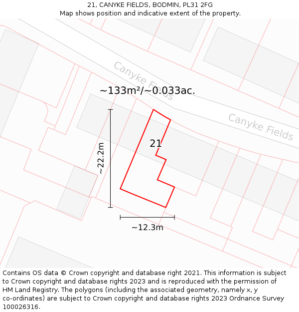 21, CANYKE FIELDS, BODMIN, PL31 2FG: Plot and title map