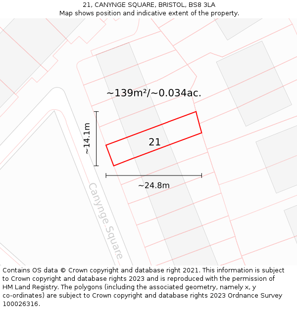21, CANYNGE SQUARE, BRISTOL, BS8 3LA: Plot and title map