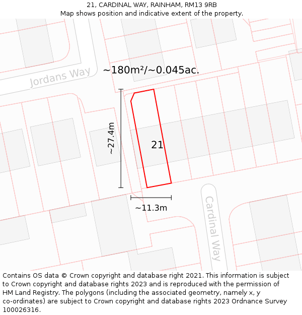 21, CARDINAL WAY, RAINHAM, RM13 9RB: Plot and title map