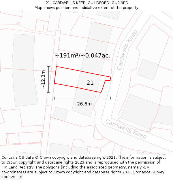 21, CARDWELLS KEEP, GUILDFORD, GU2 9PD: Plot and title map