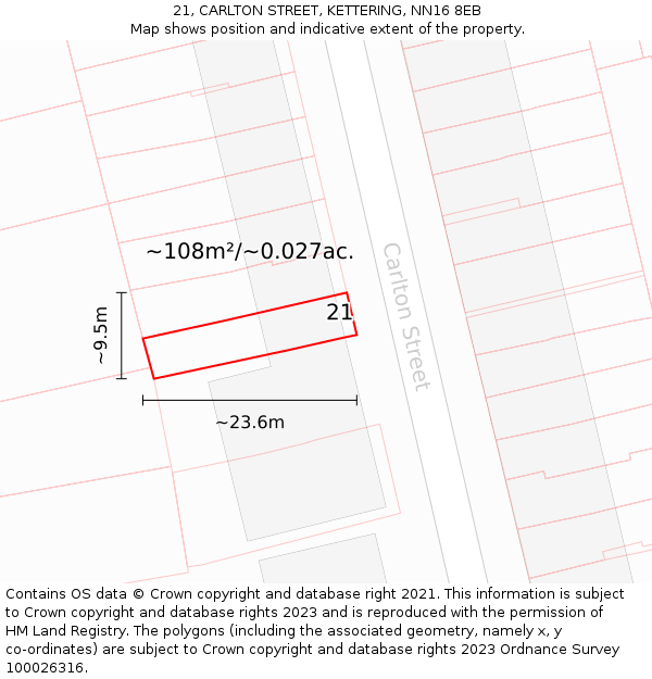 21, CARLTON STREET, KETTERING, NN16 8EB: Plot and title map