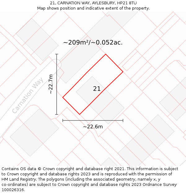 21, CARNATION WAY, AYLESBURY, HP21 8TU: Plot and title map