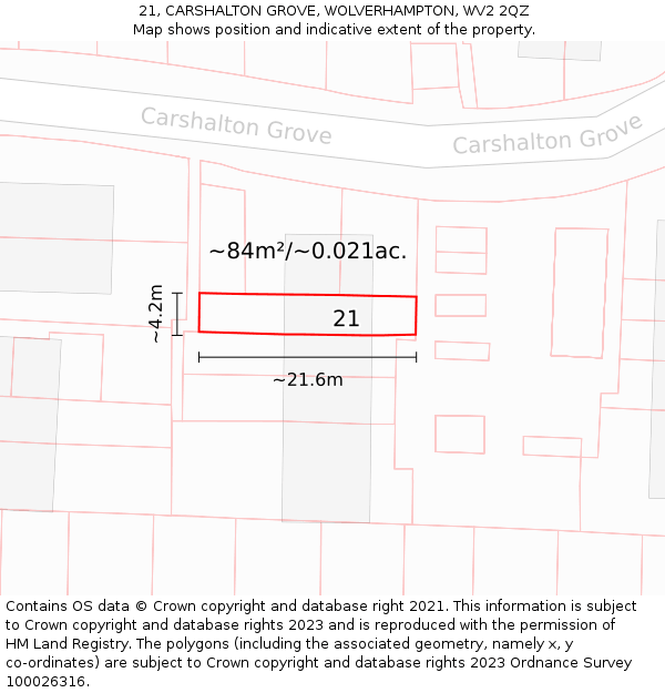 21, CARSHALTON GROVE, WOLVERHAMPTON, WV2 2QZ: Plot and title map