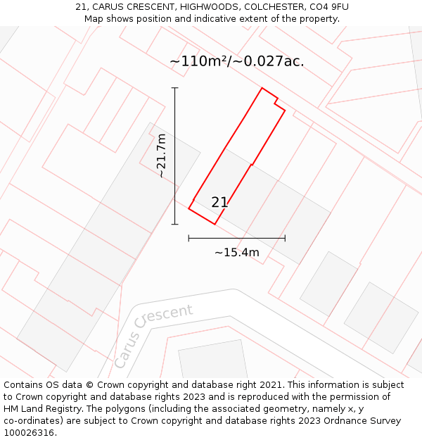 21, CARUS CRESCENT, HIGHWOODS, COLCHESTER, CO4 9FU: Plot and title map