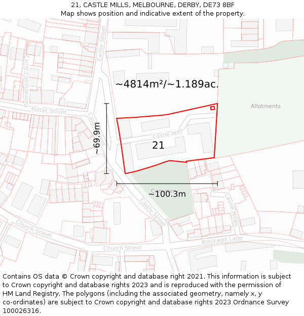 21, CASTLE MILLS, MELBOURNE, DERBY, DE73 8BF: Plot and title map
