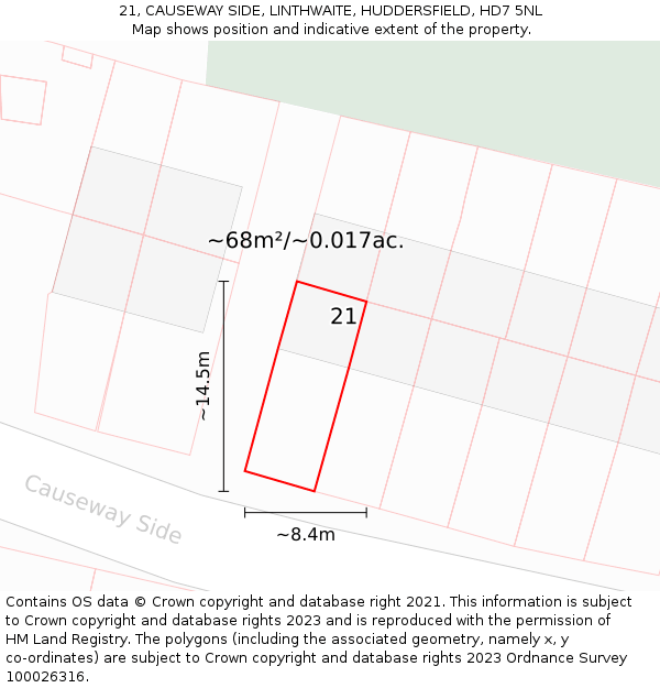 21, CAUSEWAY SIDE, LINTHWAITE, HUDDERSFIELD, HD7 5NL: Plot and title map