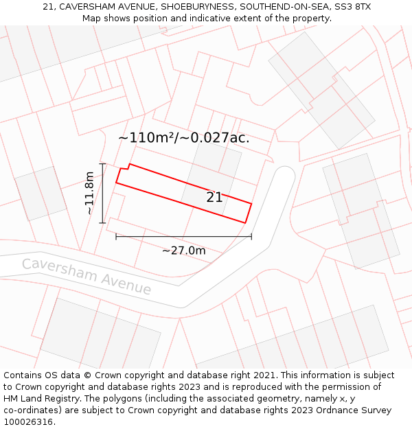 21, CAVERSHAM AVENUE, SHOEBURYNESS, SOUTHEND-ON-SEA, SS3 8TX: Plot and title map