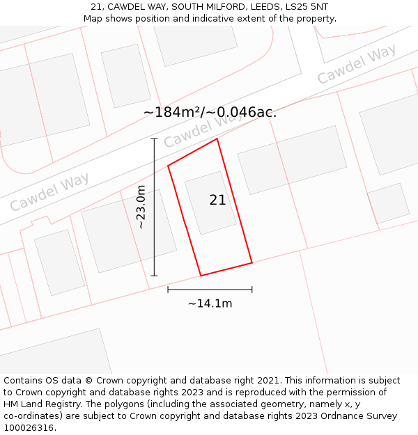 21, CAWDEL WAY, SOUTH MILFORD, LEEDS, LS25 5NT: Plot and title map