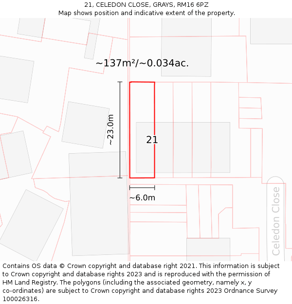 21, CELEDON CLOSE, GRAYS, RM16 6PZ: Plot and title map