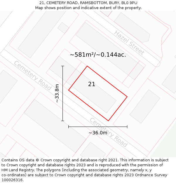21, CEMETERY ROAD, RAMSBOTTOM, BURY, BL0 9PU: Plot and title map