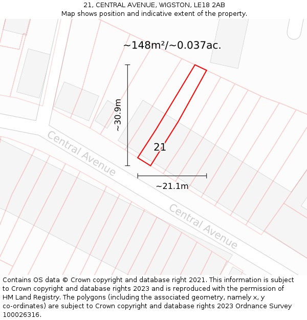 21, CENTRAL AVENUE, WIGSTON, LE18 2AB: Plot and title map