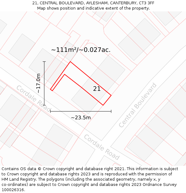 21, CENTRAL BOULEVARD, AYLESHAM, CANTERBURY, CT3 3FF: Plot and title map