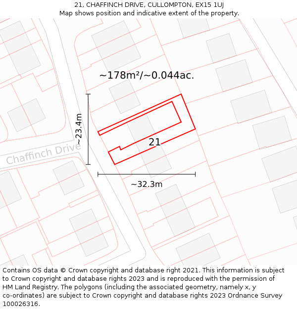 21, CHAFFINCH DRIVE, CULLOMPTON, EX15 1UJ: Plot and title map