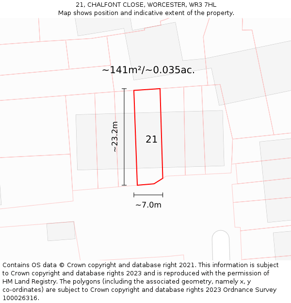 21, CHALFONT CLOSE, WORCESTER, WR3 7HL: Plot and title map