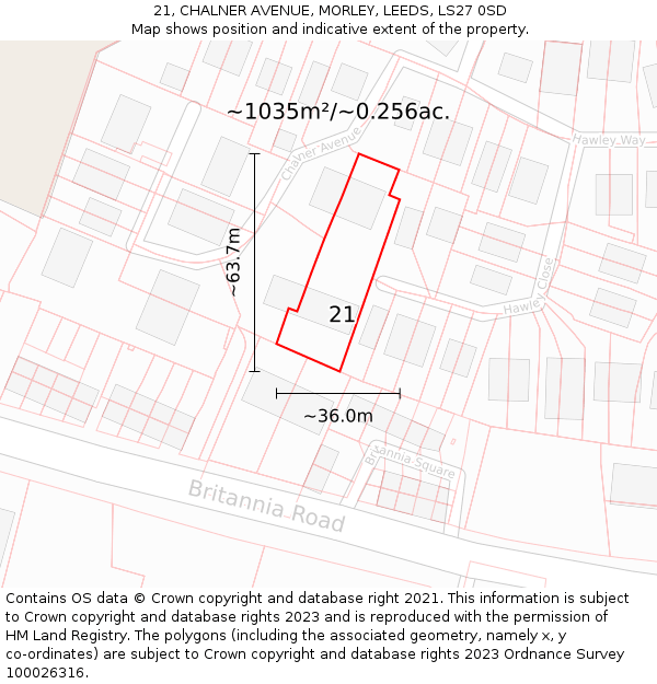 21, CHALNER AVENUE, MORLEY, LEEDS, LS27 0SD: Plot and title map