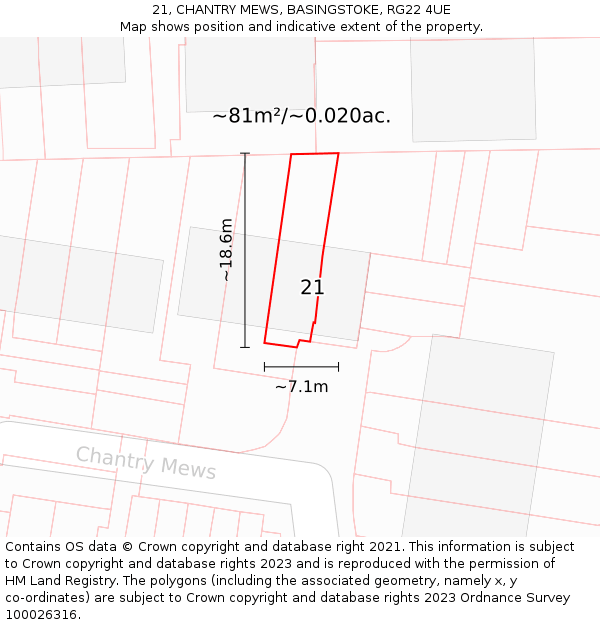 21, CHANTRY MEWS, BASINGSTOKE, RG22 4UE: Plot and title map