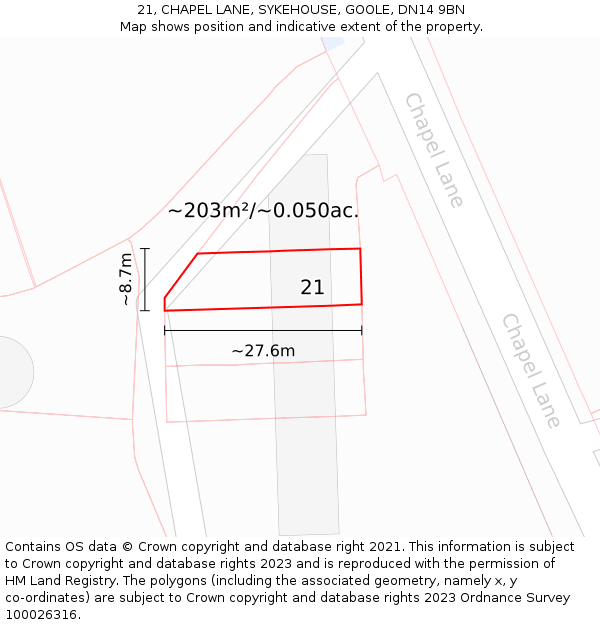 21, CHAPEL LANE, SYKEHOUSE, GOOLE, DN14 9BN: Plot and title map