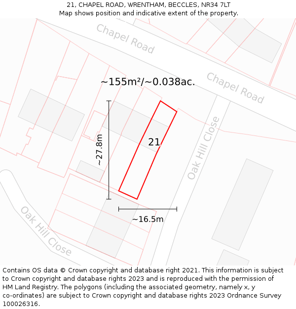 21, CHAPEL ROAD, WRENTHAM, BECCLES, NR34 7LT: Plot and title map