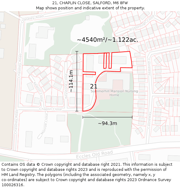 21, CHAPLIN CLOSE, SALFORD, M6 8FW: Plot and title map