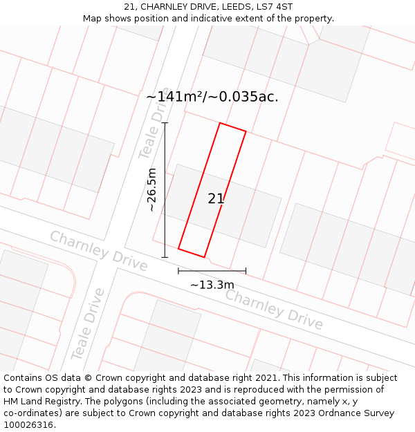 21, CHARNLEY DRIVE, LEEDS, LS7 4ST: Plot and title map
