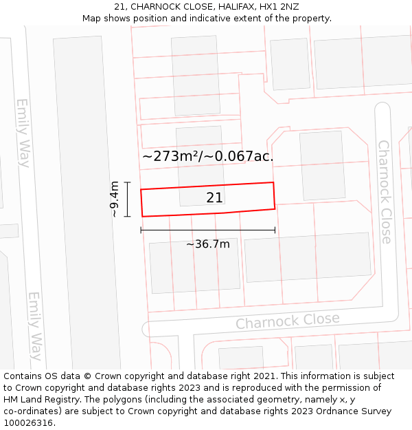 21, CHARNOCK CLOSE, HALIFAX, HX1 2NZ: Plot and title map