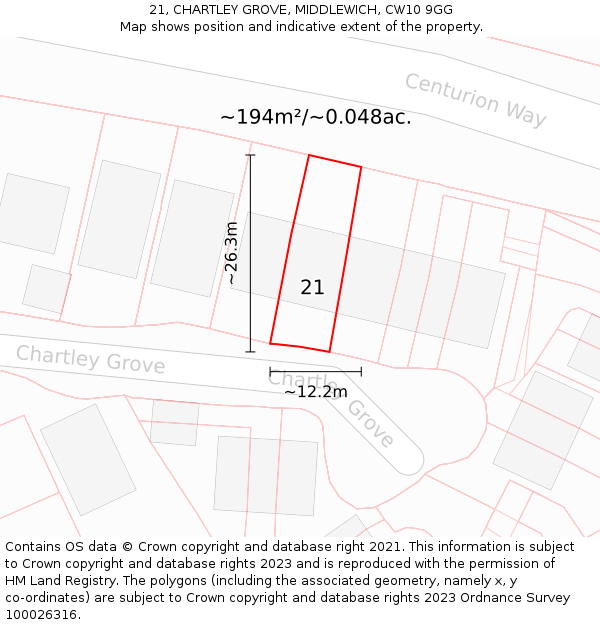 21, CHARTLEY GROVE, MIDDLEWICH, CW10 9GG: Plot and title map
