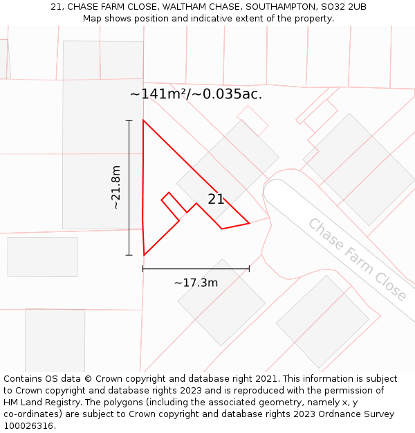 21, CHASE FARM CLOSE, WALTHAM CHASE, SOUTHAMPTON, SO32 2UB: Plot and title map
