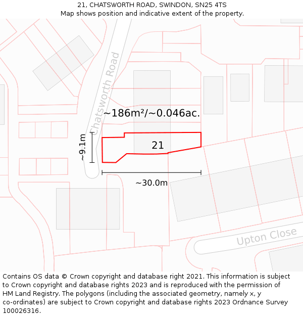 21, CHATSWORTH ROAD, SWINDON, SN25 4TS: Plot and title map