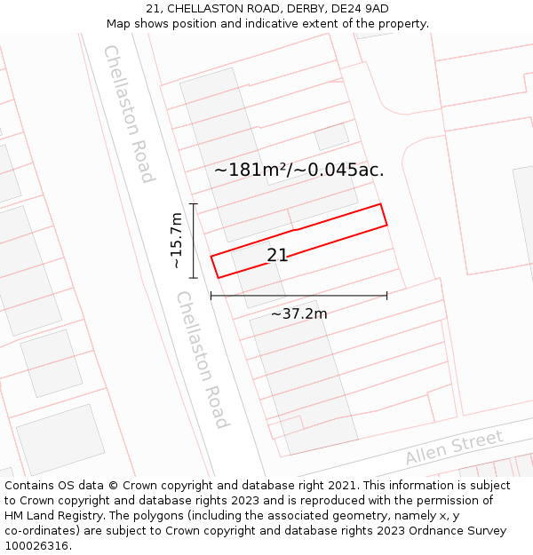 21, CHELLASTON ROAD, DERBY, DE24 9AD: Plot and title map