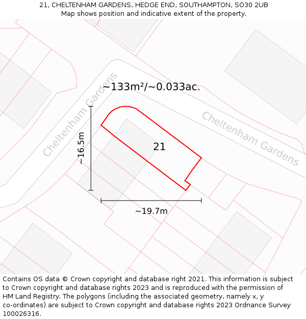 21, CHELTENHAM GARDENS, HEDGE END, SOUTHAMPTON, SO30 2UB: Plot and title map