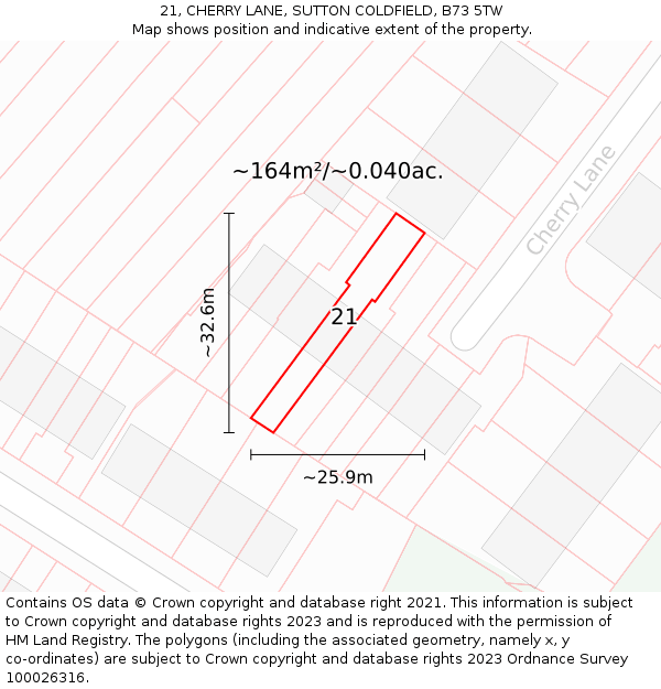 21, CHERRY LANE, SUTTON COLDFIELD, B73 5TW: Plot and title map