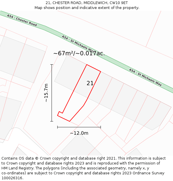 21, CHESTER ROAD, MIDDLEWICH, CW10 9ET: Plot and title map
